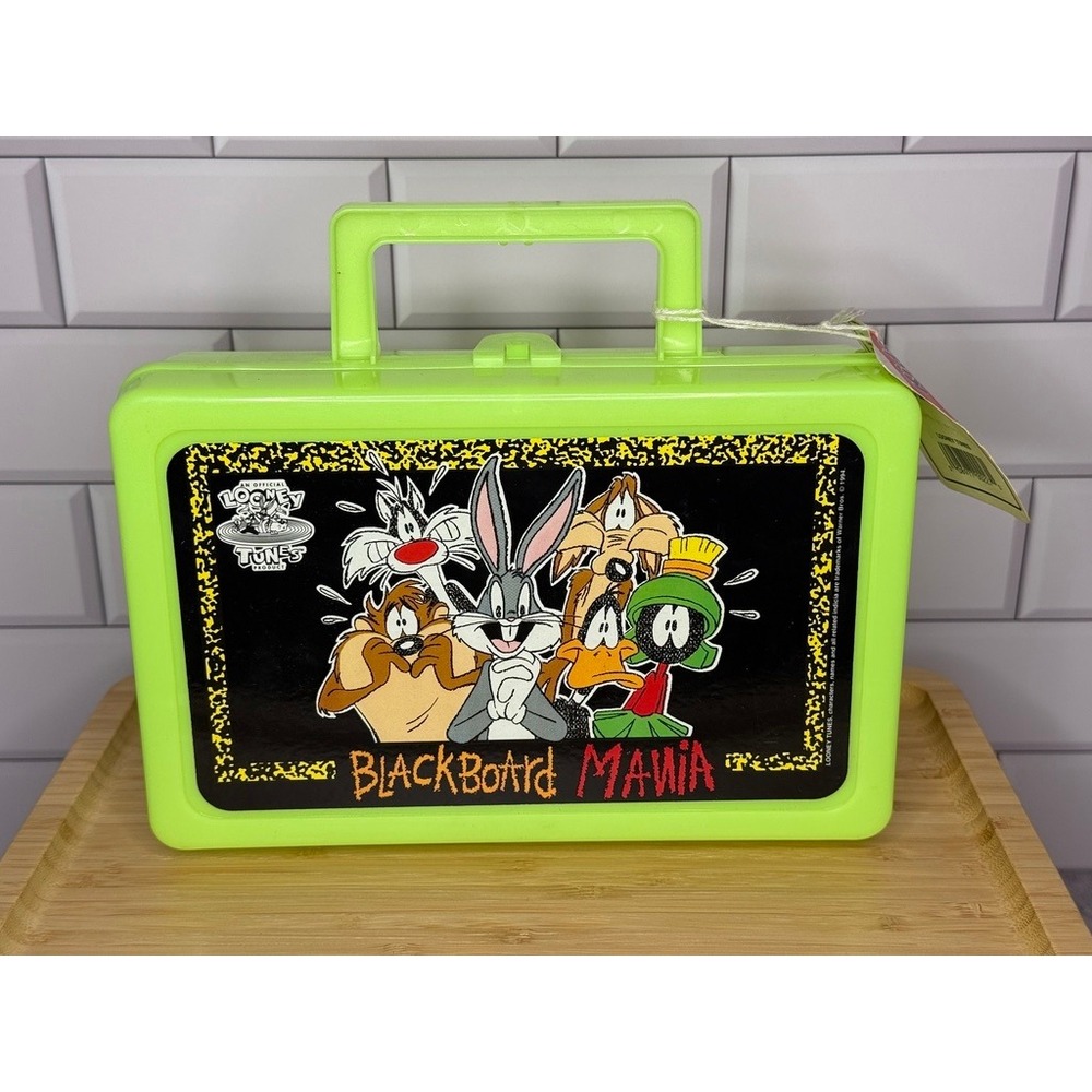 Vintage 1990s Looney Tunes Blackboard Mania Neon Green Lunch Box Pencil Case NWT